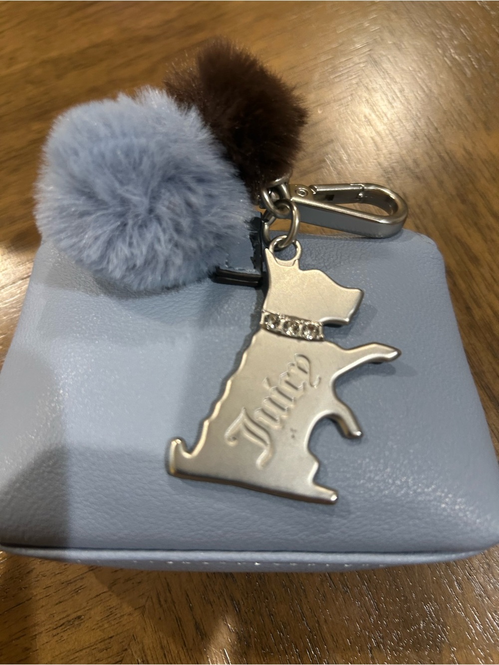 Juicy Couture Silver Dog Keychain with Light Blue Pom Poms soft furry, new